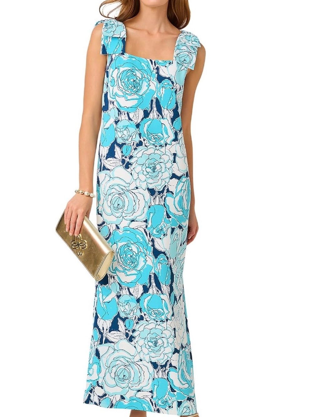 Lilly Pulitzer Turquoise & Navy Floral Square-Neck Maxi Dress